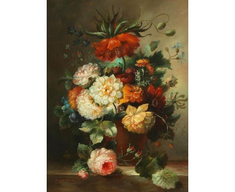 Comstock (twentieth century), pair of still lives with summer flowers, oil on panels, signed, 41 x 30cm each, in gilt foliate