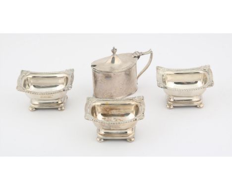 A Hallmarked Silver Mustard with blue glass liner Chester 1904 maker Haseler Brothers. Three salts of rectangular form raised