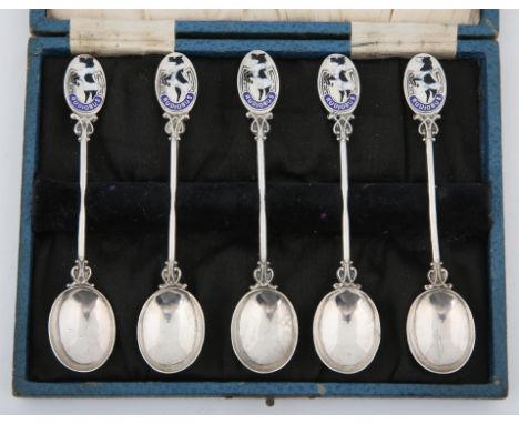 Cased set of five sterling silver and enamel spoons of Rudiobus, Celltic god of a prancing horse.