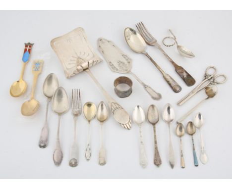 Various Danish silver spoons, two cake slices, grape shears and a ladle, total weight 788gm
