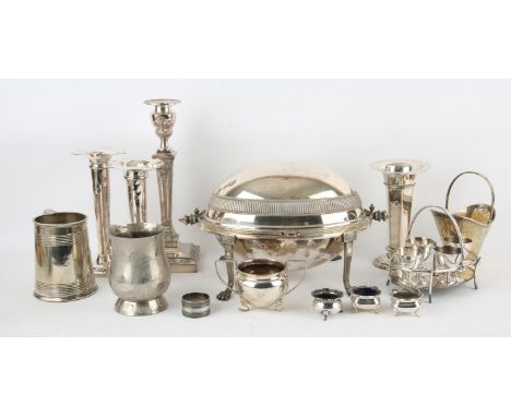 Silver plated items to include chaffing dish, candlestick, trumpet vases and cutlery