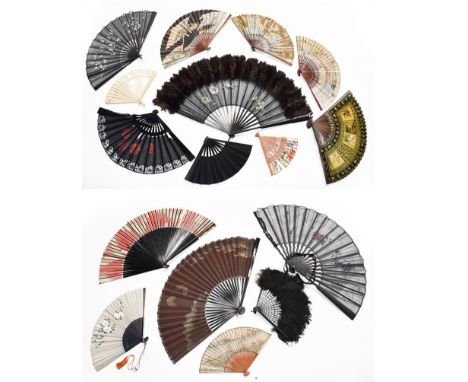 Assorted ebonised fans of various sizes, mainly Oriental with decorated paper mounts and others (a.f.), four volumes on fans 