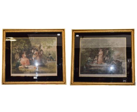 A Regency style gilded wall mirror, a gilt rectangular wall mirror, a painted Victorian style overmantle, and two framed engr