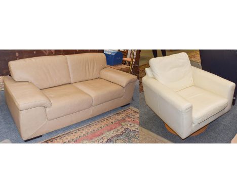 A beige leather two seater sofa, 200cm by 94cm by 80cm, together with a cream leather swivel chair on ply wood pedestal (2)