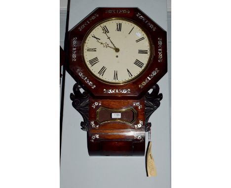 A rosewood and mother of pearl inlaid drop dial wall timepiece