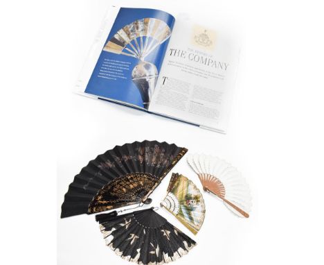 One volume Fans &amp; Fan Makers by C &amp; Y Willcocks, large ebonised fan with gilt decoration and paper decorated mount, p