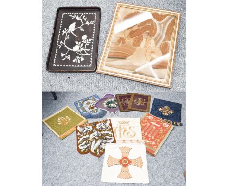 A box of mainly ecclesiastical textiles including beadwork panels, together with a framed 19th century embroidered picture an