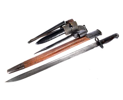 A WWII Naval marked SMLE bayonet and scabbard, dated 1944, by Anderson, together with a No.9 MkI with bayonet and frog and a 