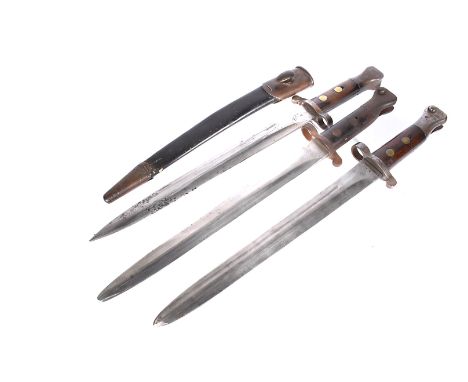 Three 1888 Pattern Metford bayonets, one with regimental markings 'L.C.B 448' by Wilkinson, all having numerous markings, one