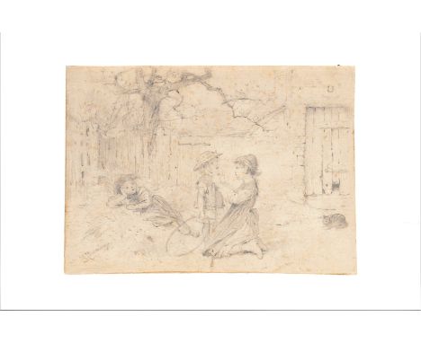 William Stephen Coleman (1829-1904), pencil sketch of three children in farmyard, with hoop, 190 x 130mm 