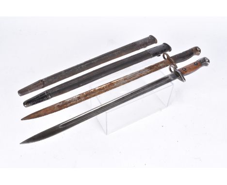 An Indian marked 1907 SMLE bayonet by Sanderson, dated 29, complete with leather and steel scabbard, together with another 19