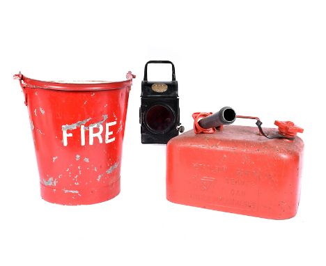 A vintage fire bucket, together with an SNLW Ltd 1939 lamp and a vintage jerry can (3) 