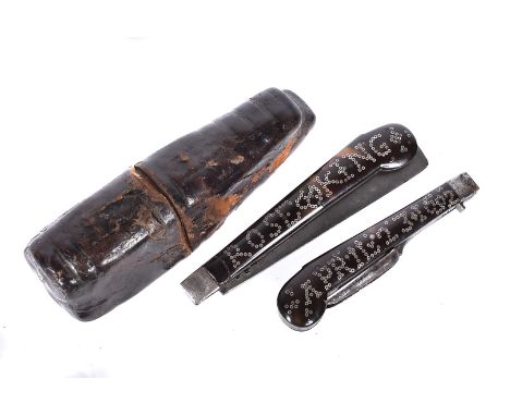 A vintage Campaign Knife and Fork set, the tortoiseshell body decorated with white metal studs, with the inscription 'Rose Ki