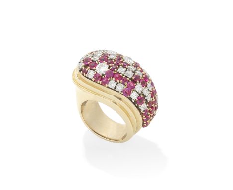 RUBY AND DIAMOND COCKTAIL RING, CIRCA 1945The bombé mount scattered with brilliant and single-cut diamonds and circular-cut r
