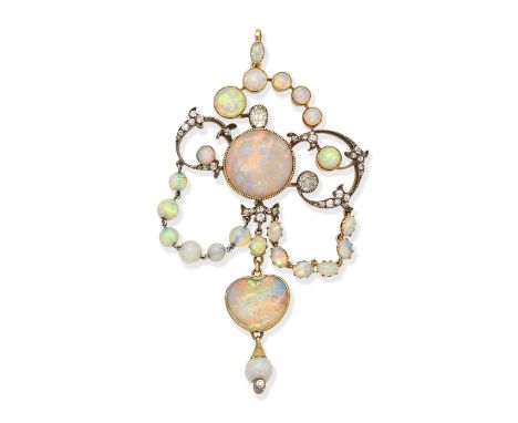 OPAL AND DIAMOND PENDANT, 19TH CENTURYOf openwork scrolling design, set with variously shaped opal cabochons and opal beads a