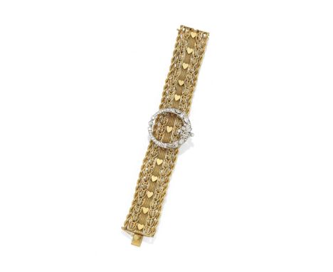 DIAMOND-SET BRACELETOf fancy, mesh and ropetwist linking, with heart-shaped motifs, accented by an applied frontispiece of pi