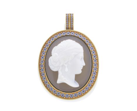 PHILLIPS BROTHERS: GOLD, ENAMEL AND HARDSTONE CAMEO BROOCH/PENDANT CIRCA 1860Oval, depicting the head of an idealised Roman e