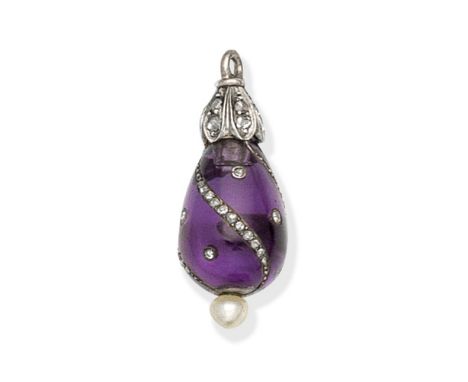 AMETHYST, PEARL AND DIAMOND PENDANT, CIRCA 1910The amethyst drop inset with a spiral of rose-cut diamonds, terminating in a s