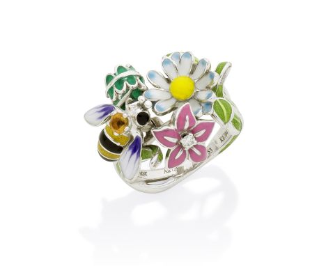 DIOR: ENAMEL AND GEM-SET 'DIORETTE' RINGThe polychrome enamel bee and flowers decorated with a brilliant-cut diamond and circ