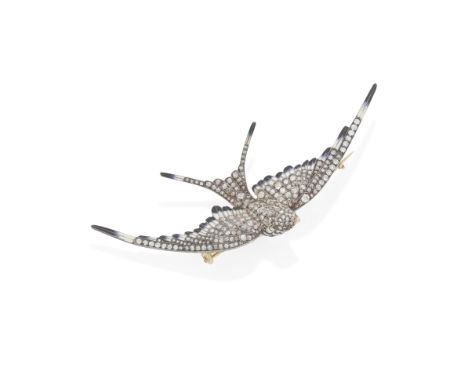 DIAMOND AND ENAMEL BIRD BROOCH, CIRCA 1890Modelled as a swallow in flight, set with cushion-shaped, old brilliant and rose-cu