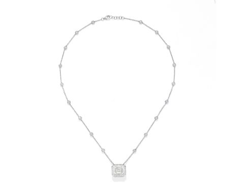 DIAMOND-SET NECKLACEThe step-cut diamond, weighing 5.28 carats, within a pavé-set brilliant-cut diamond surround, on a chain 
