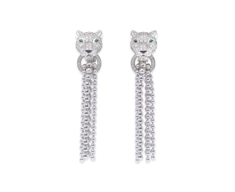 CARTIER: PAIR OF DIAMOND, EMERALD AND ONYX 'PANTHERE' EARRINGSEach brilliant-cut diamond panther's head with pear-shaped emer