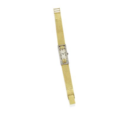 CARTIER: DIAMOND-SET BRACELET/WATCHThe rectangular Art Deco dial with Arabic numerals, accented by a single-cut diamond bezel