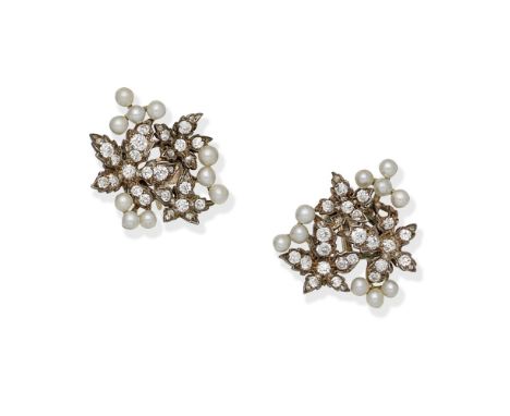 PEARL AND DIAMOND EARRINGSEach of foliate design, set with seed pearls, and cushion-shaped, old brilliant and rose-cut diamon