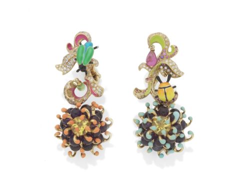 DIOR: PAIR OF LACQUER AND MULTI-GEM-SET 'MILLY CARNIVORA: CHARDONUS' EARRINGS, 2008Set throughout with vari-cut gemstones inc