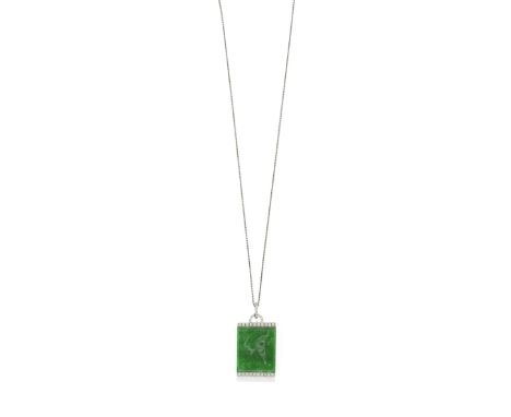 JADEITE AND DIAMOND PENDANTThe rectangular plaque of jadeite jade carved to depict a bat (auspiciousness) grasping a gourd (p