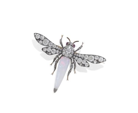 OPAL, DIAMOND AND RUBY MOTH BROOCH/HAIR ORNAMENT, CIRCA 1890The wings, thorax and legs set with cushion-shaped, old brilliant