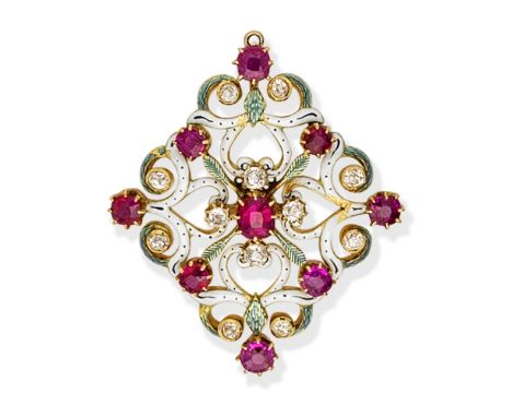 RUBY, DIAMOND AND ENAMEL JEWEL, CIRCA 1890In the Renaissance Revival style, the lozenge-shaped openwork scrolling plaque, dec