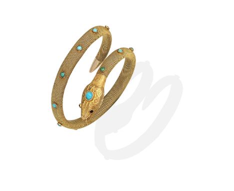 TURQUOISE-SET SNAKE BANGLE, 19TH CENTURYThe sprung bangle formed of ropetwist coils studded with turquoise cabochons, the hea