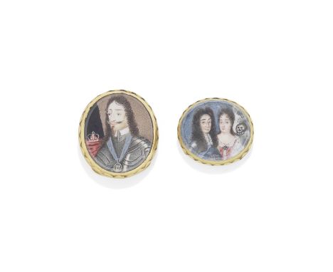 TWO 17TH CENTURY ROYALIST PORTRAIT MINIATURE JEWELSThe first depicting King Charles I, the Martyr (1600-1649), standing befor