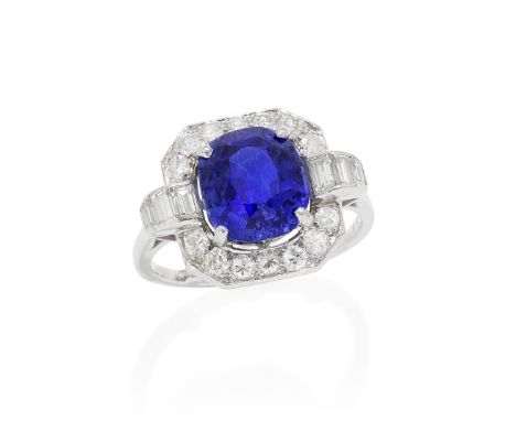 A SAPPHIRE AND DIAMOND RINGThe cushion-shaped sapphire, weighing 4.95 carats, within a geometric mount of brilliant and bague