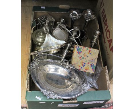 A collection of assorted plated ware, including a pair of flared vases, a two branch candelabra, a swing handle basket, a fou