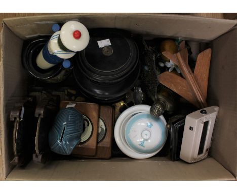 A parcel lot to include, two Japanese laquer glove boxes, three framed cat depictions (tin can), two book ends, an Art Nouvea