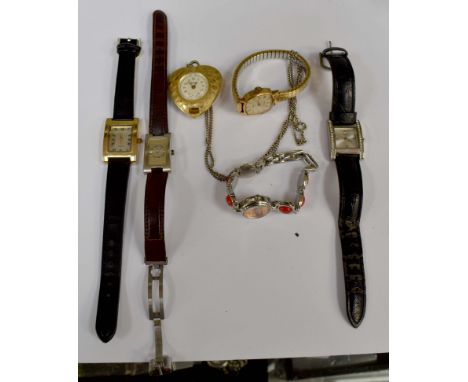 A gold plated ladies 'Oris' expanding bracelet watch, an 'Elle' designer watch, leather strap, a Japanese Picuet ladies brace