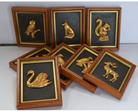 A collection of eight framed plaques featuring 24ct Gold plated animal and birds by artist Susan Norton. Horse, Eagle, Swan, 