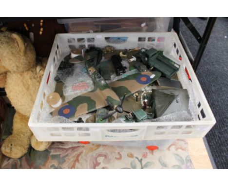 Collection of military vehicles including Spitfire, army lorries, plus five diecast cars (1 tray)