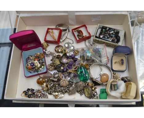 A quantity of costume jewellery to include Rosary earrings, brooches, bracelets, Cloisonné, pendants, tie clip, cufflinks, th