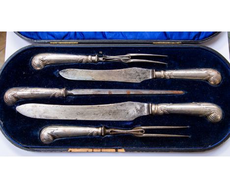 George V silver handled carving set,  Sheffield 1905, Harrison Brothers &amp; Howson,  in case