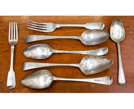 A collection of George III and later silver flatware, comprising two table spoons with bright cut decoration, a further pair 