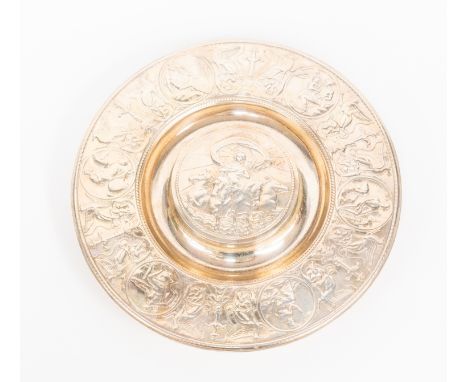 An Elkington &amp; Co mid Victorian silver plated circular inkwell, the border depicting motifs of the Grand Tour, lidded cen