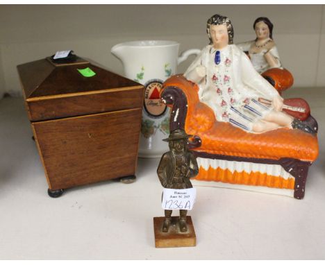 Victorian tea caddy, pair of Staffordshire figures, Pale Ale water jug and brass figure