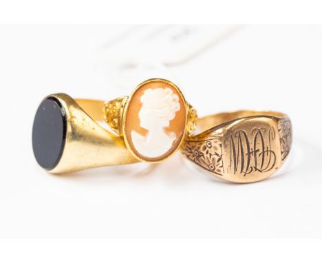 A 9 ct gold cameo ring, size N1/2, approx 3.2 gms; two unmarked yellow metal rings approx 13.5 gms gross 