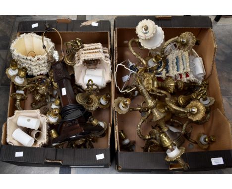 A collection of various light fittings including 5 light gilt metal chandelier; a pair of wall brackets; a brass chandelier; 