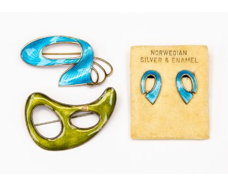 A Norwegian silver and blue enamelled brooch and earrings, hallmark, together with a Norwegian silver and green enamel brooch