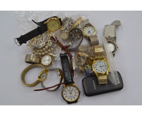 A Rotary ladies gilt metal wristwatch and nine other wristwatches and a quantity of costume jewellery including Samsung mobil