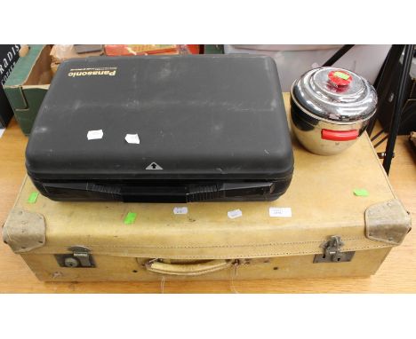 Cased video camera, ice bucket plus a suit case containing cards and embroideries 